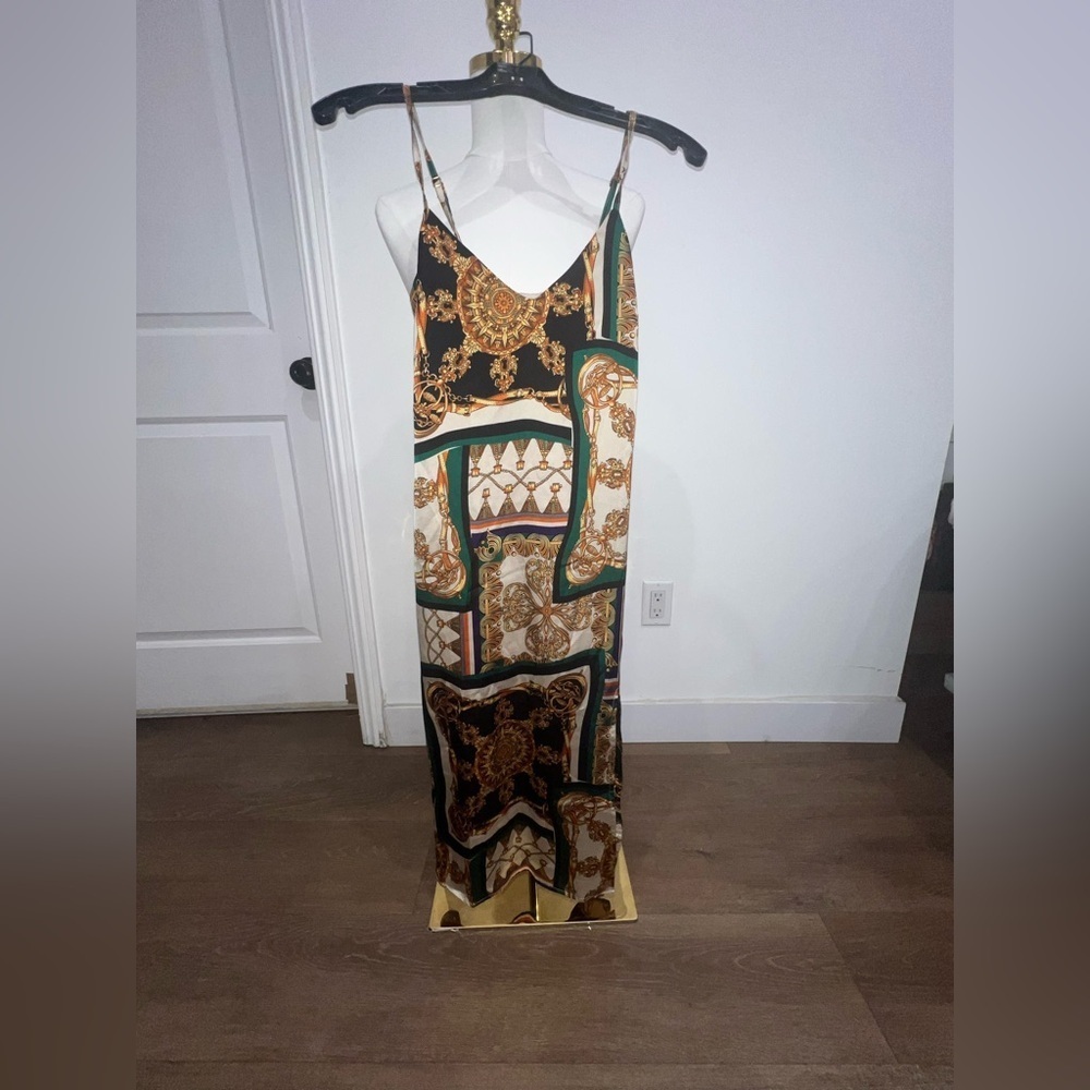 NWT MELLODAY Green & Gold Baroque Print Dress – XS